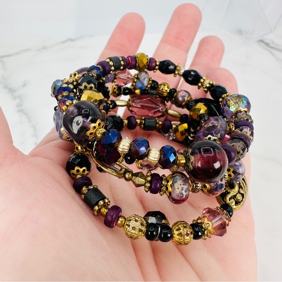 Glass & Stone Wrap Bracelet Faceted Aurora Borealis Beads Purple Black Gold Glam - Picture 8 of 9